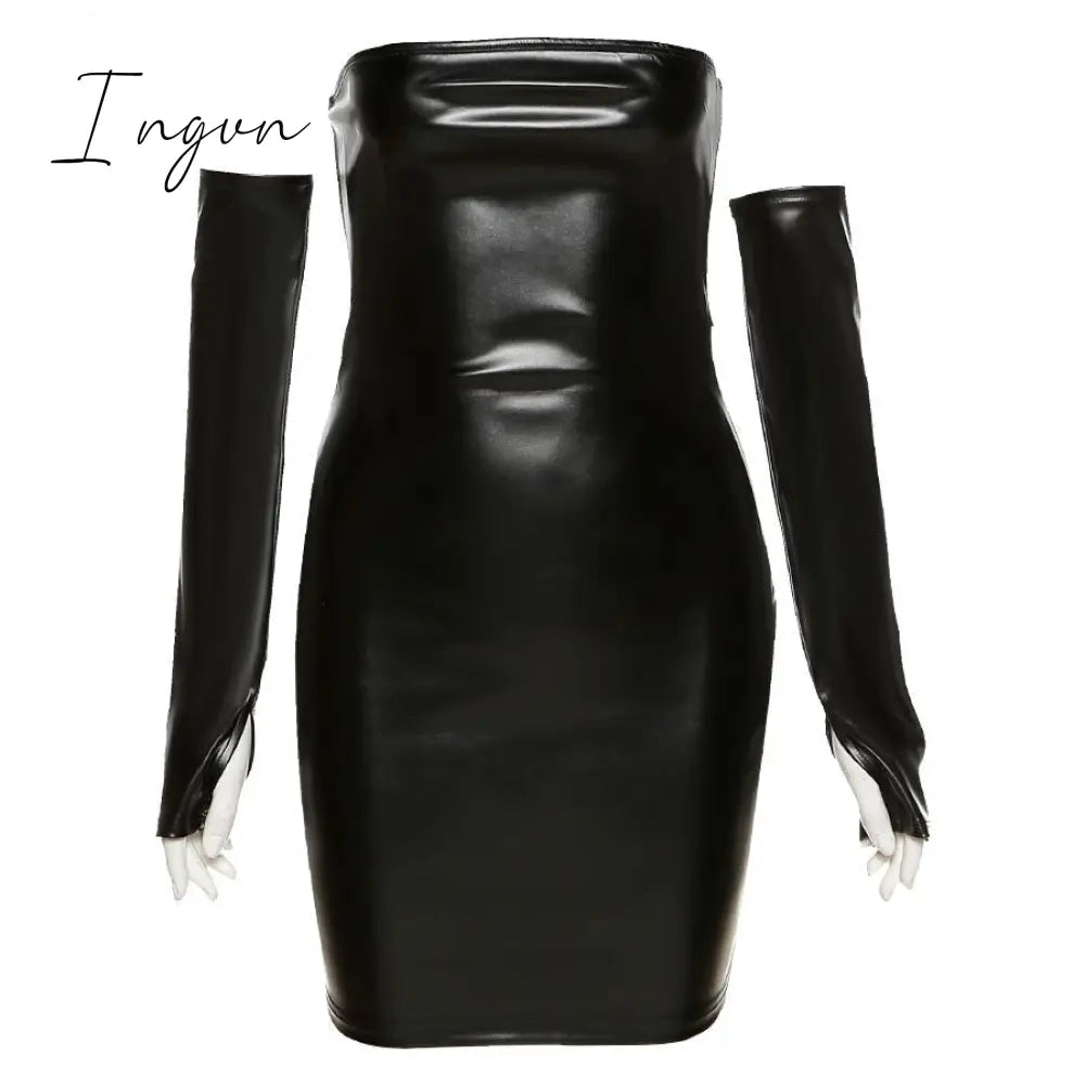 Ingvn - Faux PU Leather With Gloves Party Dress Women Backless Sexy Hot Clubwear Skinny Slim Solid Fashion Bodycon Mini Dresses