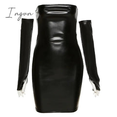 Ingvn - Faux PU Leather With Gloves Party Dress Women Backless Sexy Hot Clubwear Skinny Slim Solid Fashion Bodycon Mini Dresses
