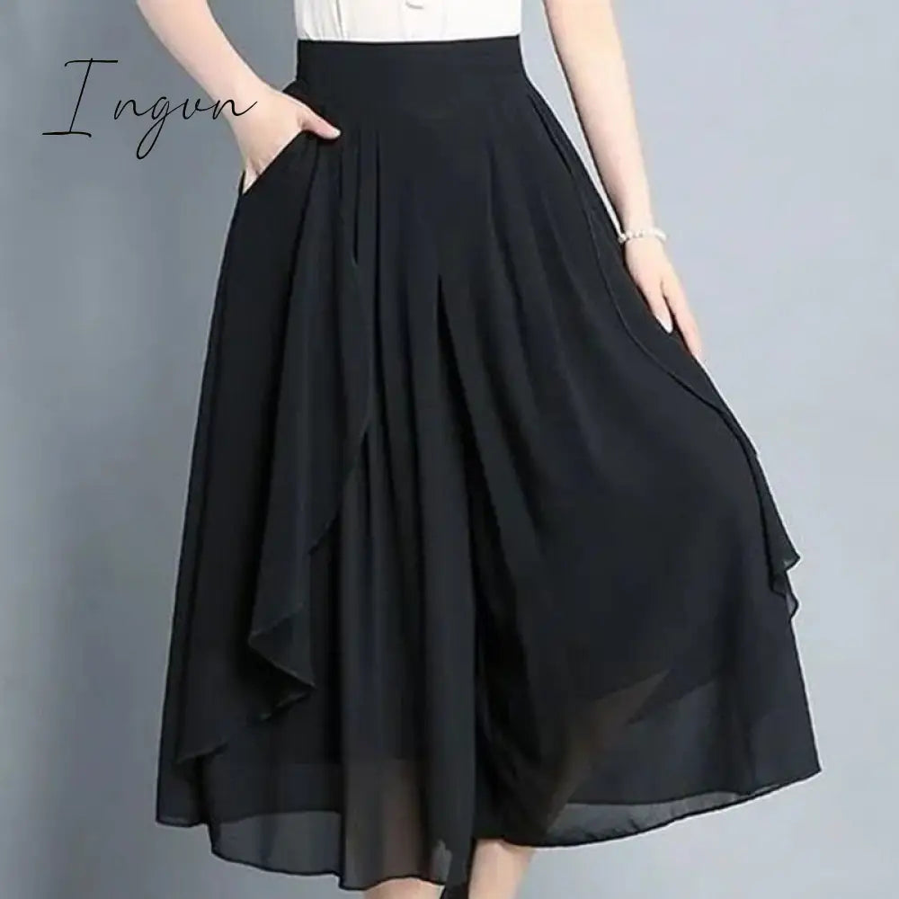 Ingvn - Elegant Fashion Elastic High Waist Folds Ruffles Pants Women's 2023 New Office Lady Commute Solid Color Irregular Casual Capris