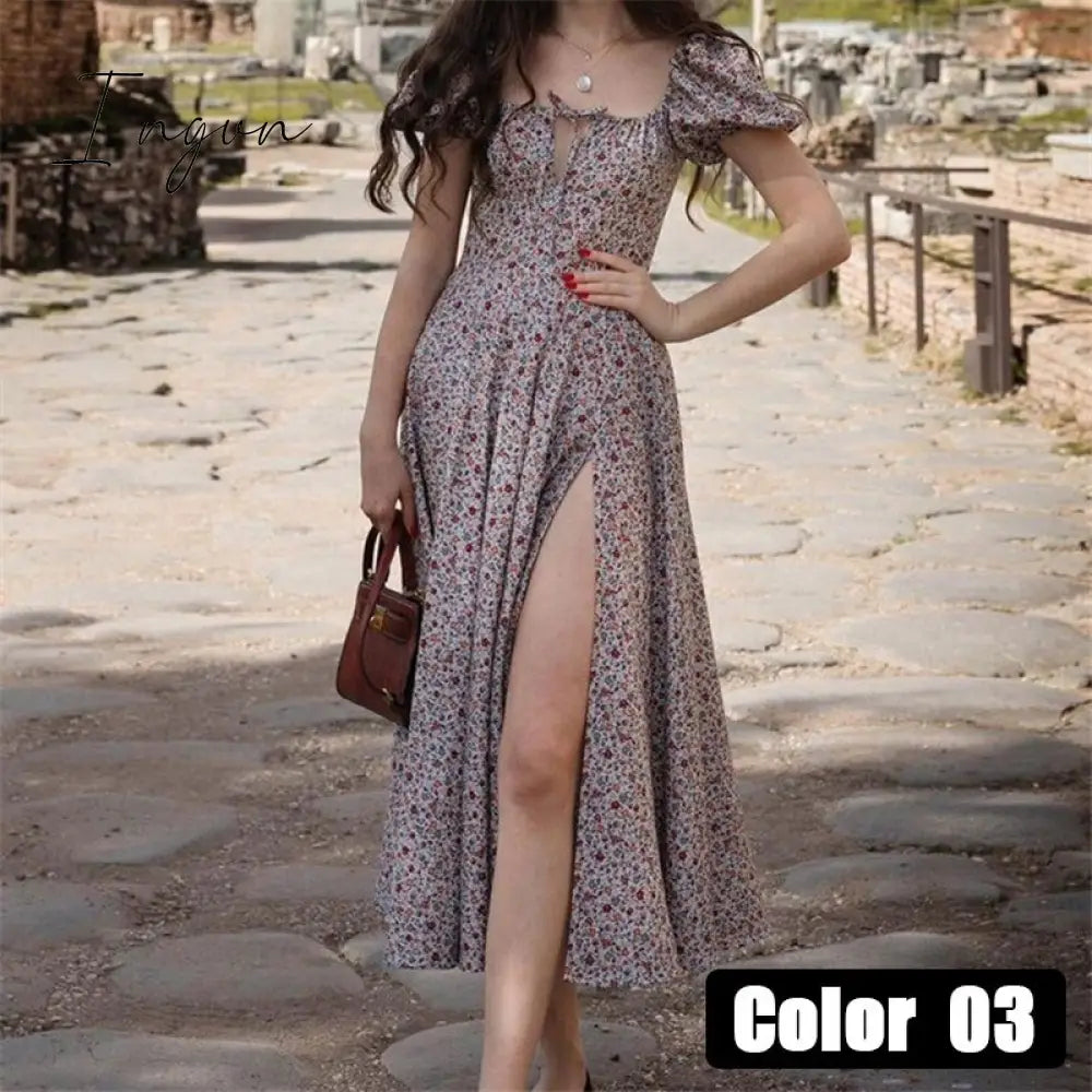 Ingvn - womens fashion Vintage Square Collar Printed Dress Women Sweet Puff Sleeve Slim Long Casual Split Spring Summer Floral Dress Ladies New