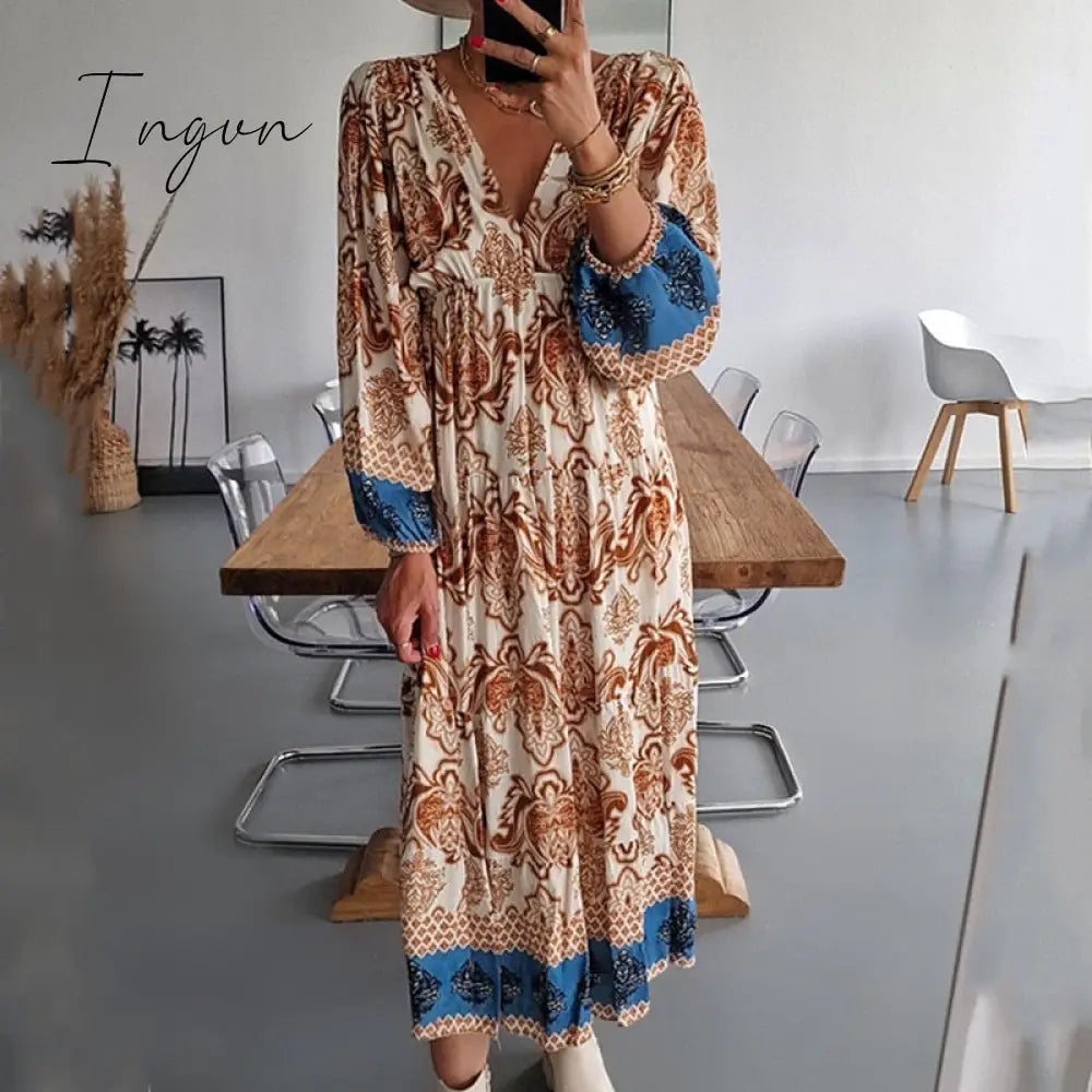 Ingvn - Women Fashion Pattern Printed Dress Autumn Office Casual Long Sleeve Pleated Dress Lady Vintage Loose High Waist Dresses Vestido