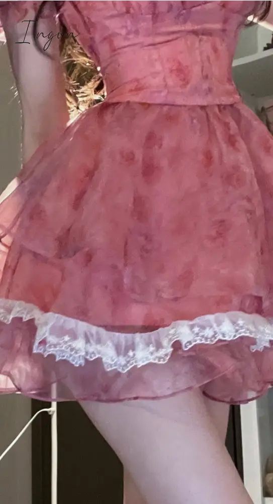 Ingvn - Pink Floral Short Party Dress Sexy Lace Puff Fairy Kawaii Clothing Mini Dress Fashion Birthday Lolita Dress Women Summer 2023