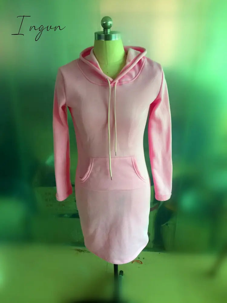 Ingvn - Autumn And Winter Hoodie Dress Elegant Long Sleeve Pocket Combining Casual Women's Midi Dresses