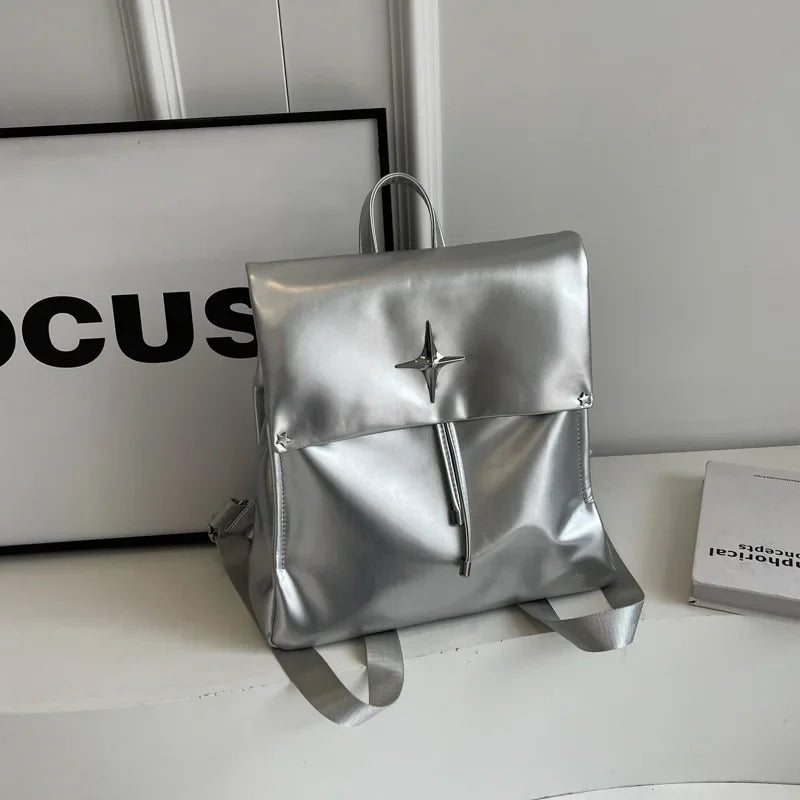 Ingvn  Silvery Womens Backpack Fashion Pu Leather Trend Backpacks for Ladies Casual Versatile High Street Female Bag