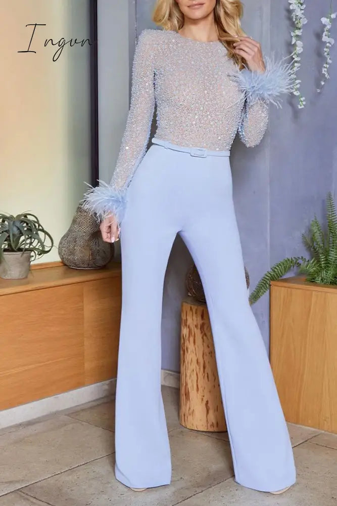 Ingvn - Fashion Sexy Solid Patchwork Feathers Beading O Neck Straight Jumpsuits(3 Colors)