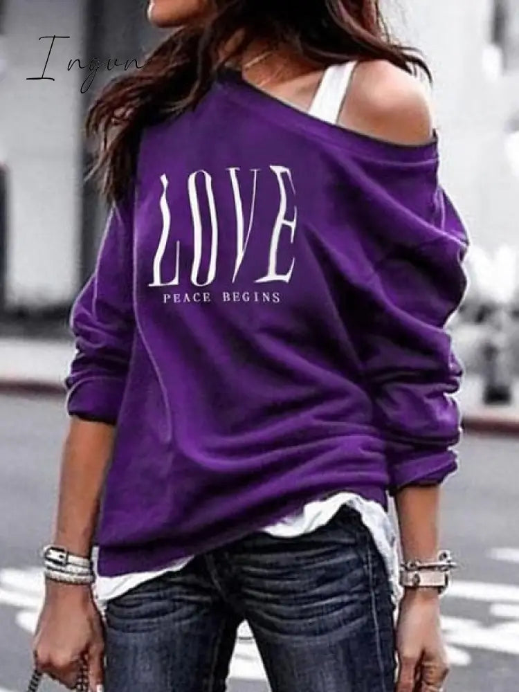 Ingvn - Women's Pullover Sweatshirt Heart Printed Long Sleeve One Shoulder Tops Autumn Winter Sweat Shirts Woman Casual Top
