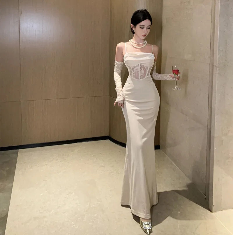 Vintage Sexy Hollow Out Bodycon Spaghetti Strap Long Dresses for Women Elegant Party Prom Velvet Female Clothing Holiday Robe