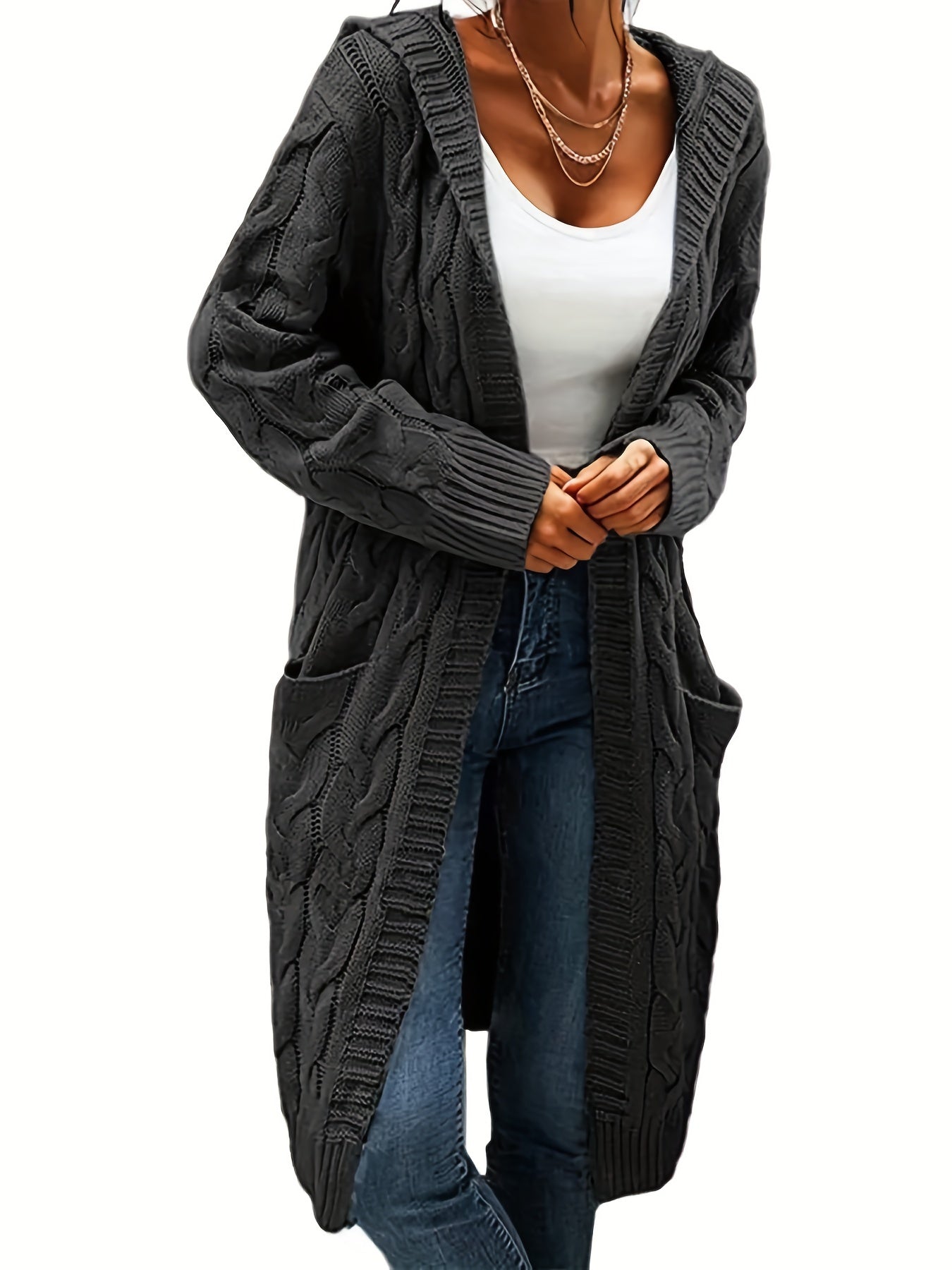 Plus Size Casual Cardigan, Women's Plus Solid Cable Long Sleeve Open Front Hooded Cardigan With Pockets