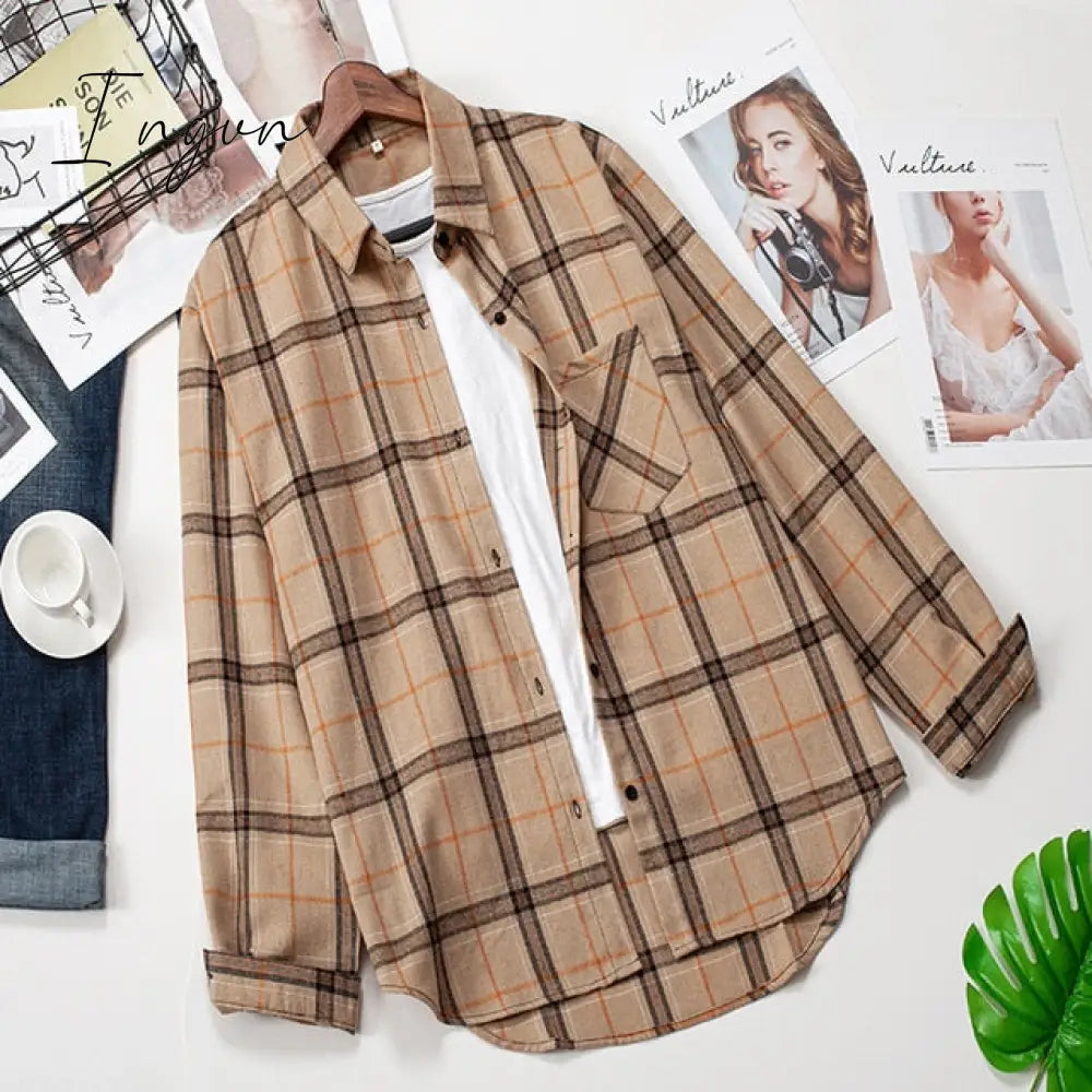Ingvn - Plaid Shirts Women Top And Blouses Long Sleeve Oversized Cotton Ladies Casual Blusas One Pocket Loose Female Checked Shirt