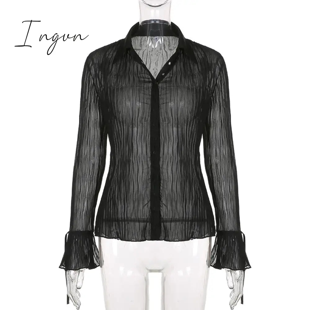 Ingvn - Hot Sell Vintage White Folds Cute Y2K Shirts Women Elegant Fashion Flared Sleeve Button Tops See Through Sexy Mesh Girl Tees