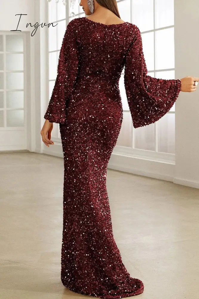 Ingvn - Elegant Formal Solid Sequins V Neck Evening Dress Dresses