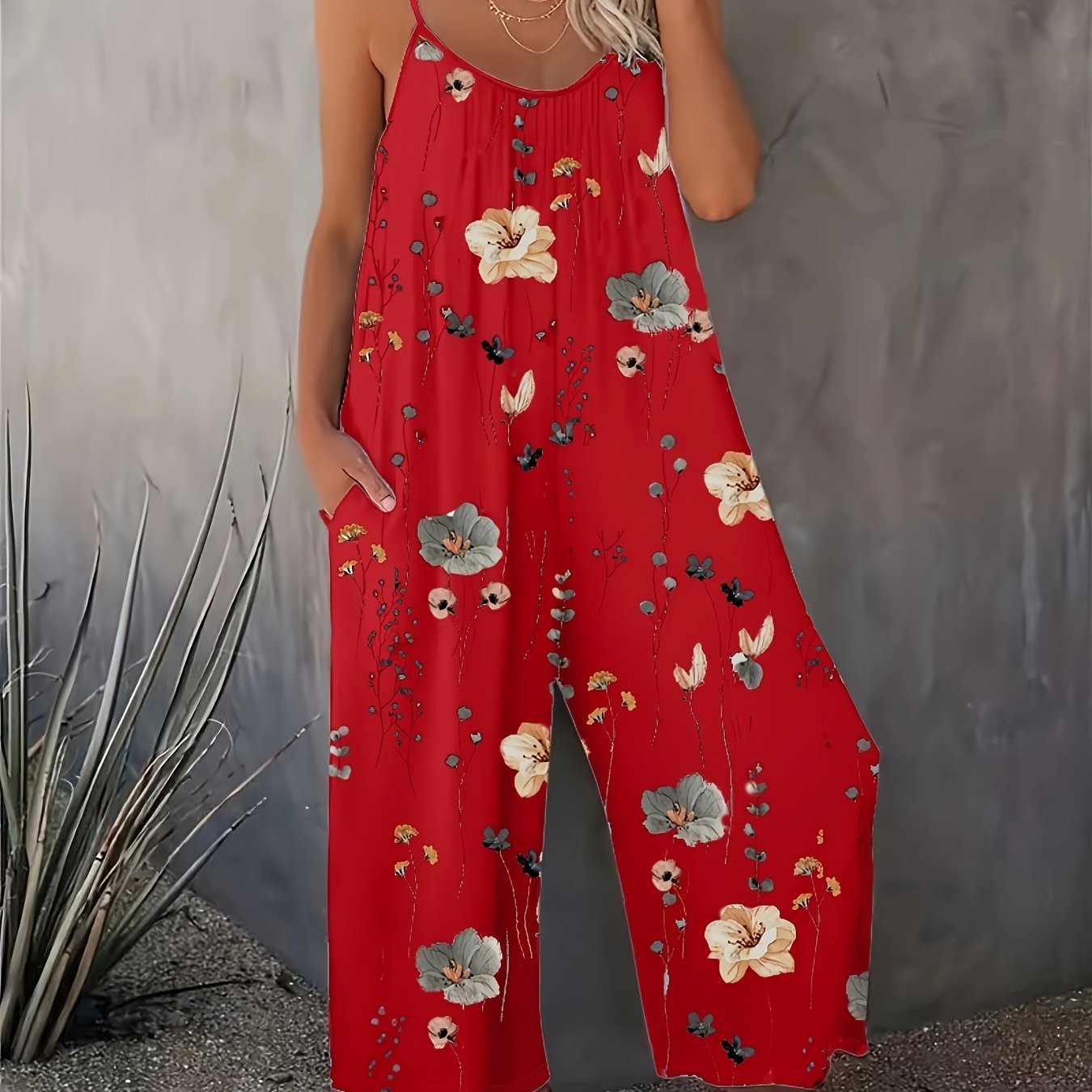 Floral Print Cami Jumpsuit, Casual Sleeveless Jumpsuit With Pockets For Spring & Summer, Women's Clothing