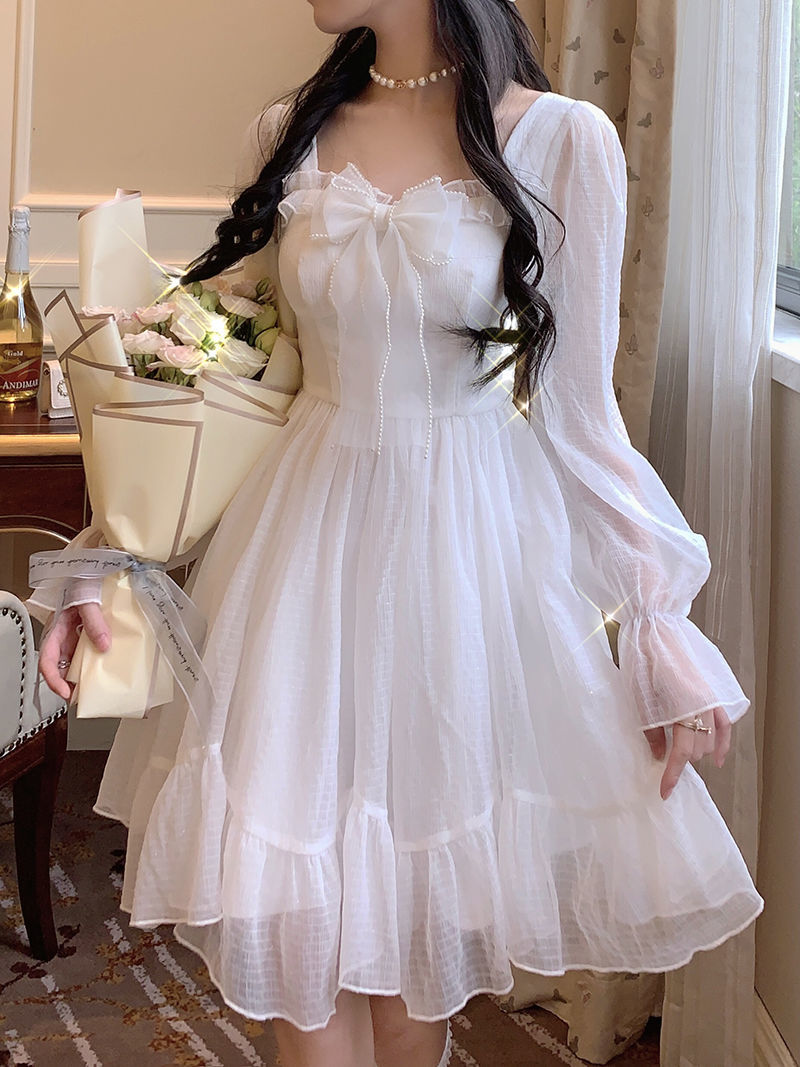 French Sweet Fairy Lolita Dress Women Long Sleeve Lace Y2k Mini Dress Vintage Kawaii Clothes One Piece Dress Korean Autumn spring