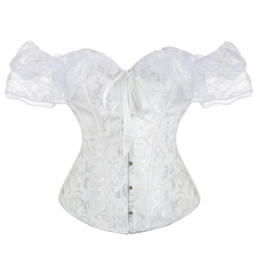 Voguable Womens Bustier Overbust Corselet Lace Up Short Sleeve Sheer Corset Bluse Costume Crop Top
