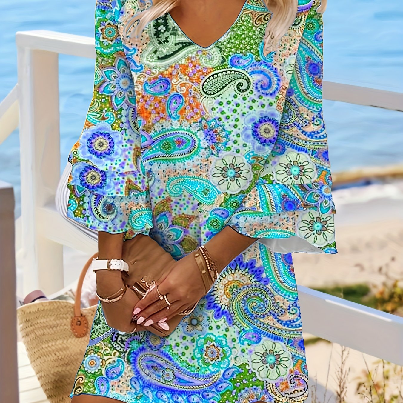 Bohemian Paisley Print Dress - Flowy Layered Skirt - Bell Sleeves - Perfect for Beach Holidays & Casual Summer Days, Womens Fashion