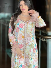 Ingvn - Muslim Woman Dress Moroccan Jalabiya Dubai Rhinestones Beaded V Neck Long Sleeve Feather Patchwork Print Gulf Abayas