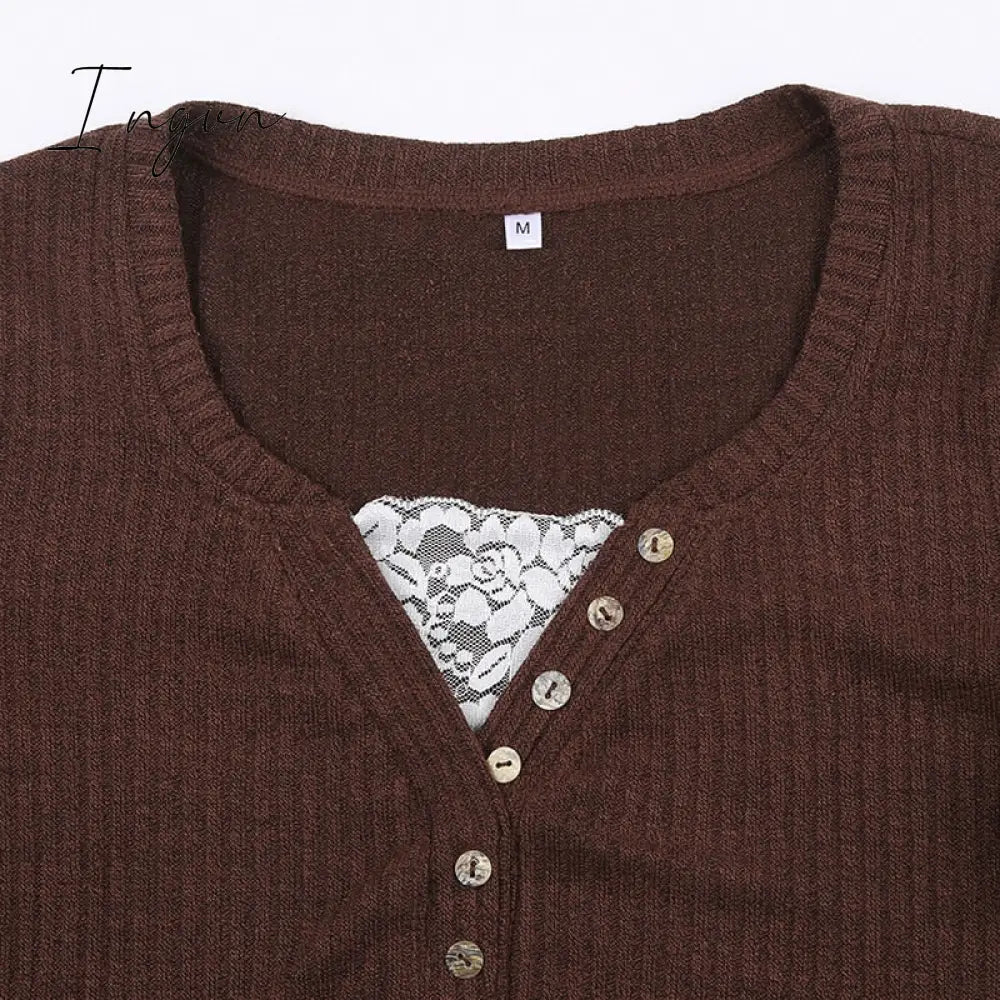Ingvn - Womens Fashion Button Up Fairy Grunge Aesthetic Casual T-shirts Retro Y2k Ribbed Lace Patchwork Women Tops Long Sleeve Skinny Blouses