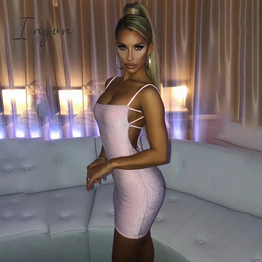 Ingvn - Bling Glitter Sequin Women Strap Mini Dress Ruched Lace Up Backless Bodycon Sexy Party Club Autumn Winter Elegant