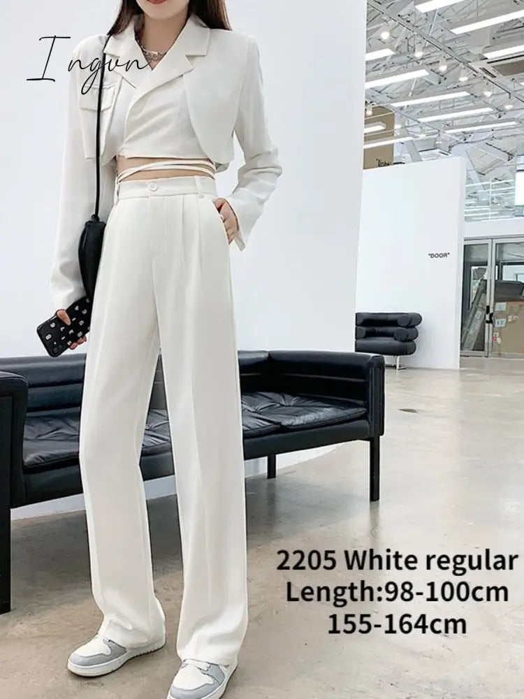 Ingvn - Spring Outfits Trends Casual High Waist Loose Wide Leg Pants for Women Spring Autumn New Female Floor-Length White Suits Pants Ladies Long Trousers