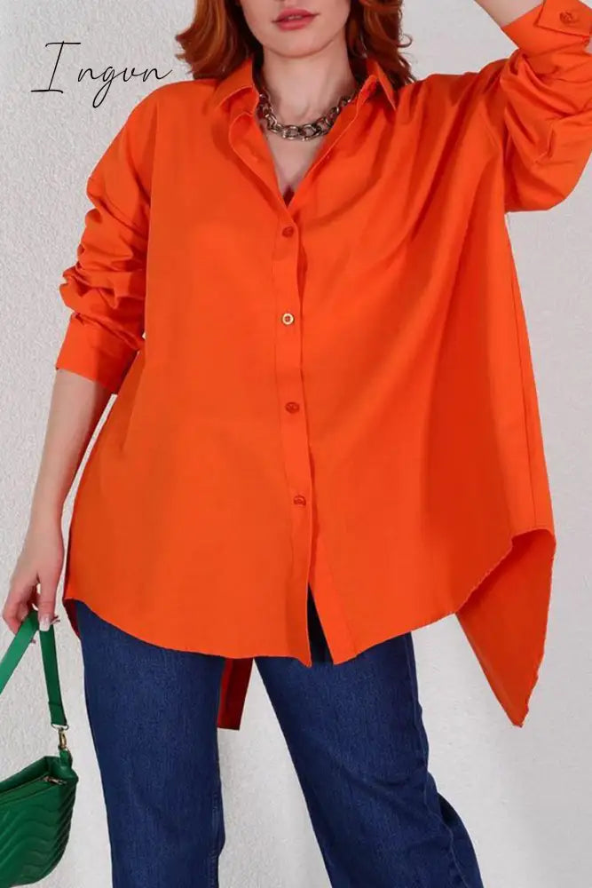 Ingvn - Street Solid Buttons Slit Turndown Collar Tops