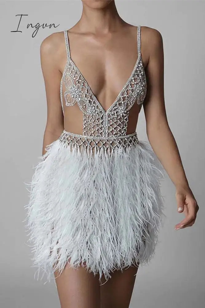 Ingvn - Sexy Party Hollowed Out Feathers V Neck Evening Dress Dresses