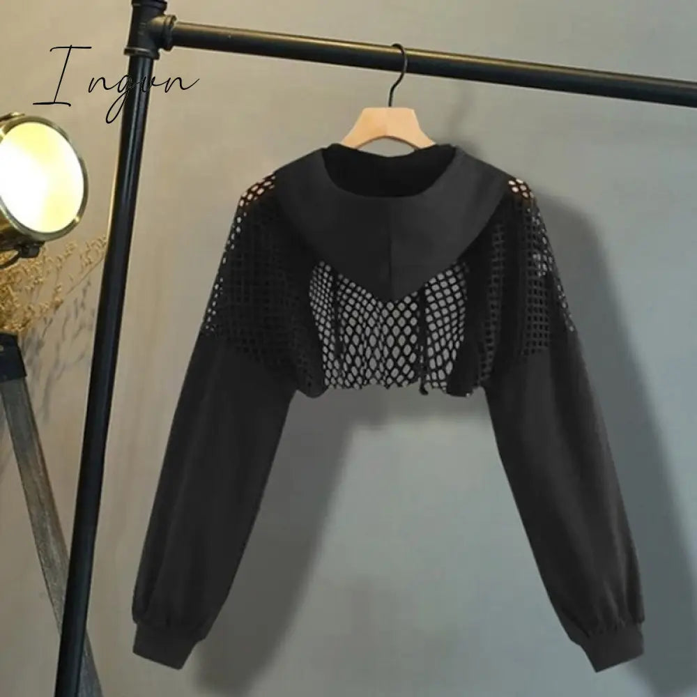 Ingvn - Black Hoodies for Women Hollow Out Crop Tops Mesh Patchwork Short Sweatshirt Long Sleeve Autumn Tops and Pullovers