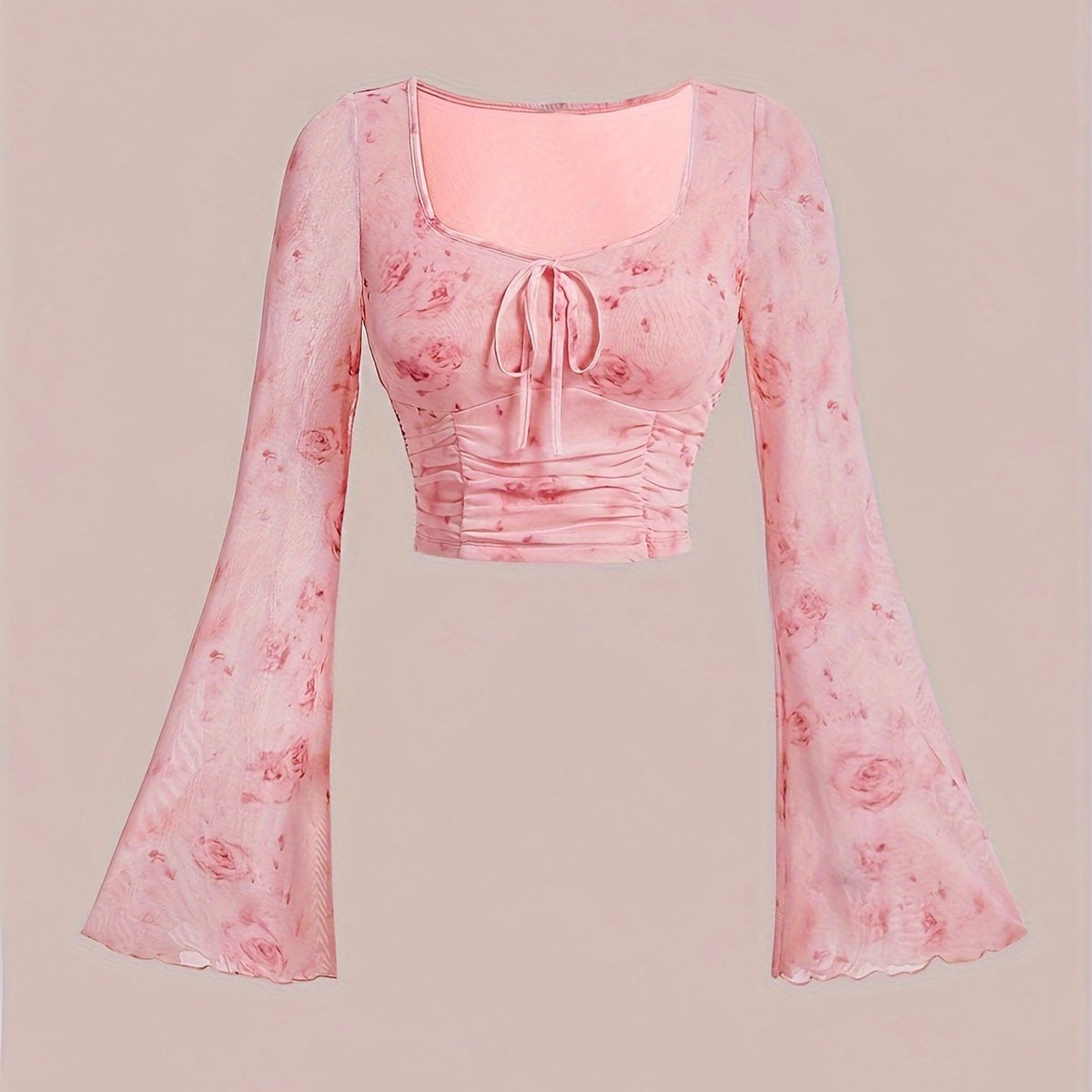 Trendy Tie Dye Print Ruched T-Shirt - Flattering Long Flare Sleeves, Casual Chic Top for Spring and Fall, Coquette Y2K Style Women's Clothing with Relaxed Fit and Soft Fabric