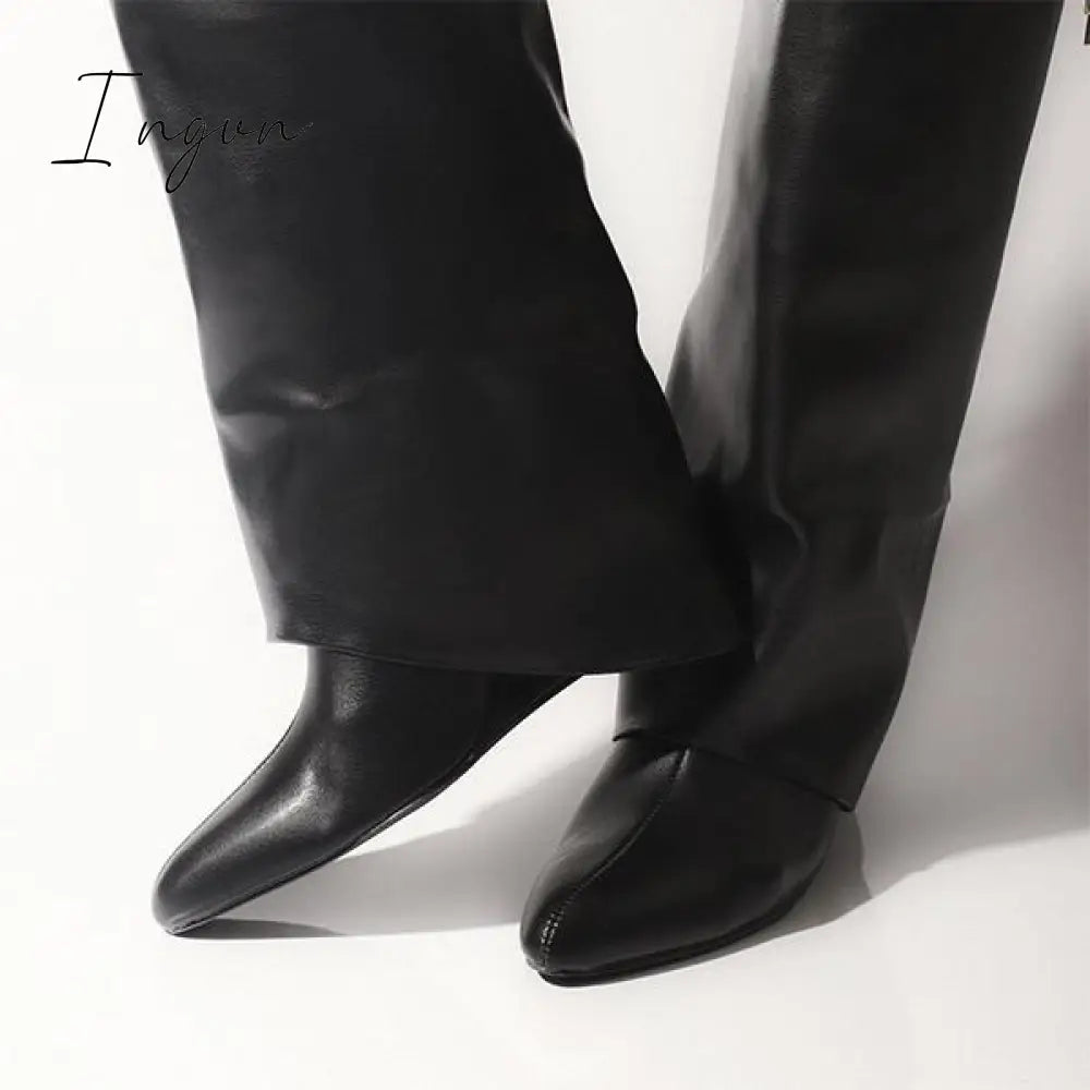 Ingvn - Comfy Leather Hidden Wedge Heel Roman Boots