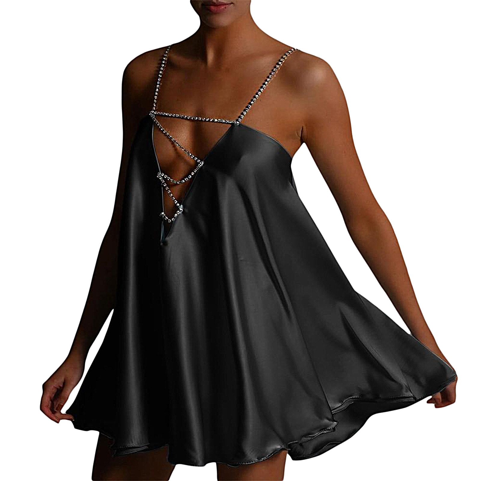 Diamante Chain Satin Low Back Swing Dress With Iridescent Crystal Straps and Neck Sexy Celebrity Party Elegant Women Dress
