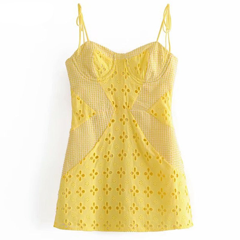Voguable  Women Yellow Lace Trim Spaghetti Strap Bodycon Mini Dress Romantic Lady Backless Sleeveless Party Club Sexy Dress