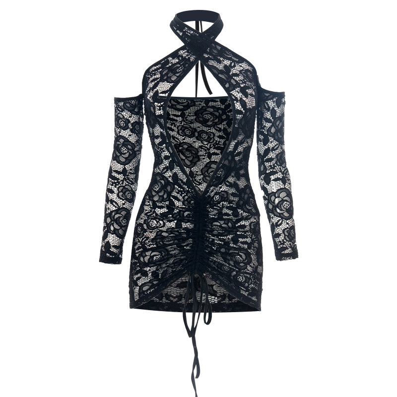 Voguable Lace Up Drawstring Ruched Women Halter Lace Mini Dress  Hollow Out Backless Bodycon Sexy Streetwear See Through