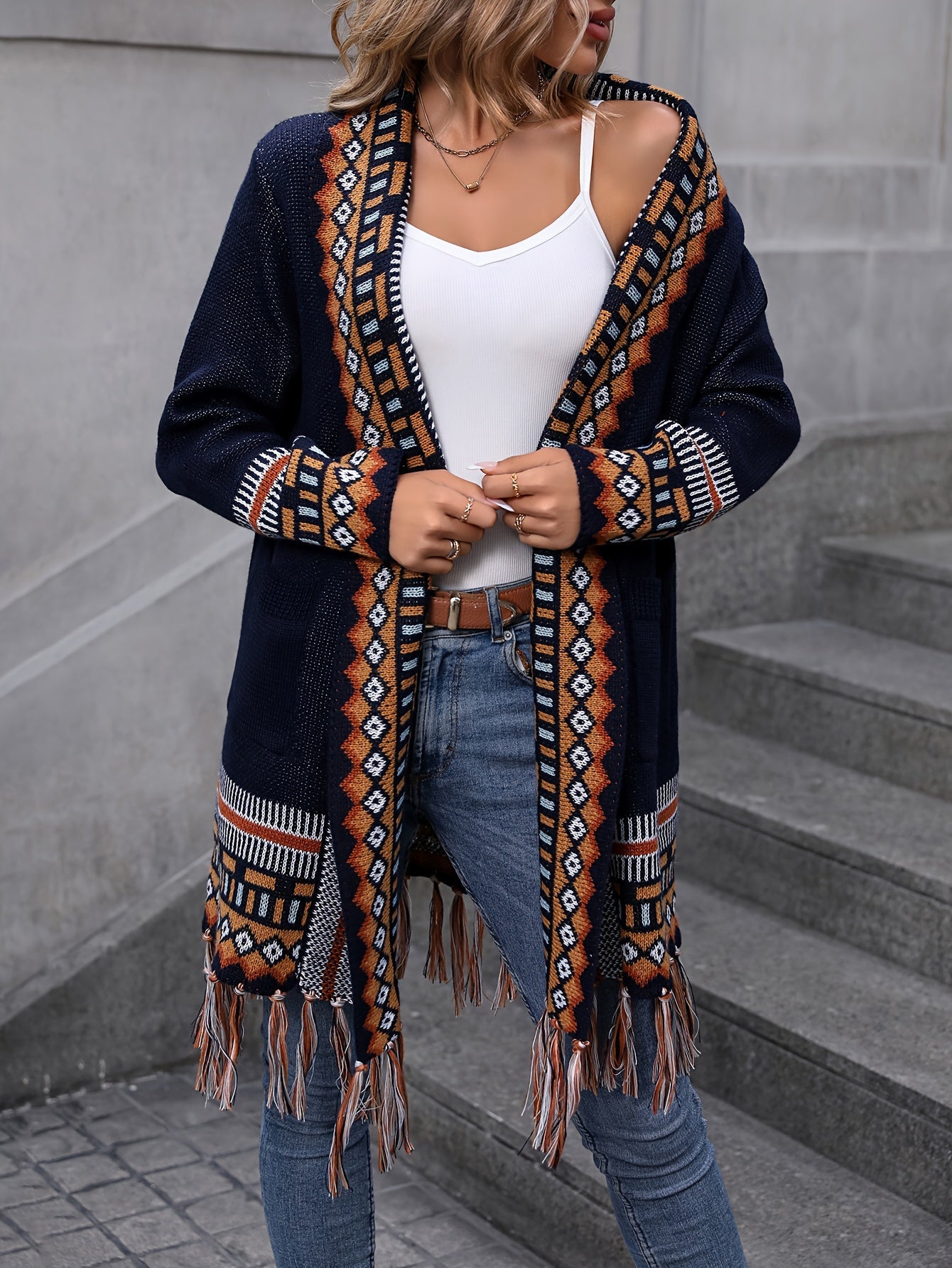 Vibrant Geo Pattern Tassel Hem Cardigan - Long Sleeve, Retro Ethic Style, Soft and Cozy, Perfect for Fall and Winter, Women's Fashion Clothing for Chic and Confident Ladies