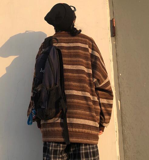 Voguable Pullover Women Vintage Striped Sweater Oversize Long Sleeve Couples Knitted Tops Hip Hop Fashion Streetwear Pullover Female