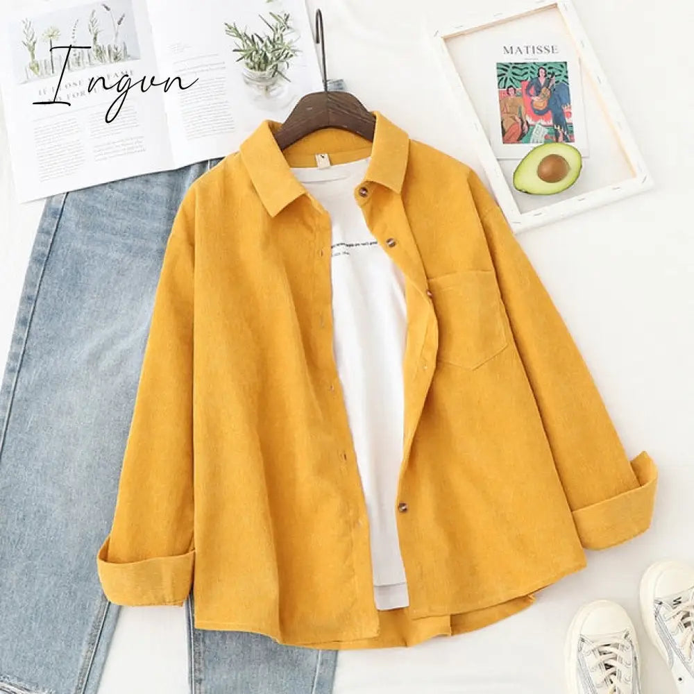 Ingvn - Corduroy Women Blouses Shirts Tunic Womens Tops And Blouses Womenswear Long Sleeve Clothing Button Up Down Loose White New