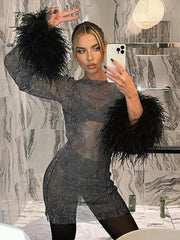 Ingvn - Round Collar See Through Dress Women Sexy Long Sleeve Elegant Female Clubwear Solid Mesh Tassel White Feather Mini Dress