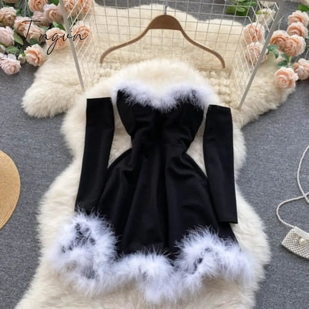Ingvn - Gifts For Women Elegant Dress For New Year Strapless Backless Furry Sexy Short Mini Christmas Dress Navidad Red Party Dress Femme