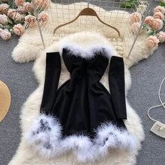 Ingvn - Gifts For Women Elegant Dress For New Year Strapless Backless Furry Sexy Short Mini Christmas Dress Navidad Red Party Dress Femme