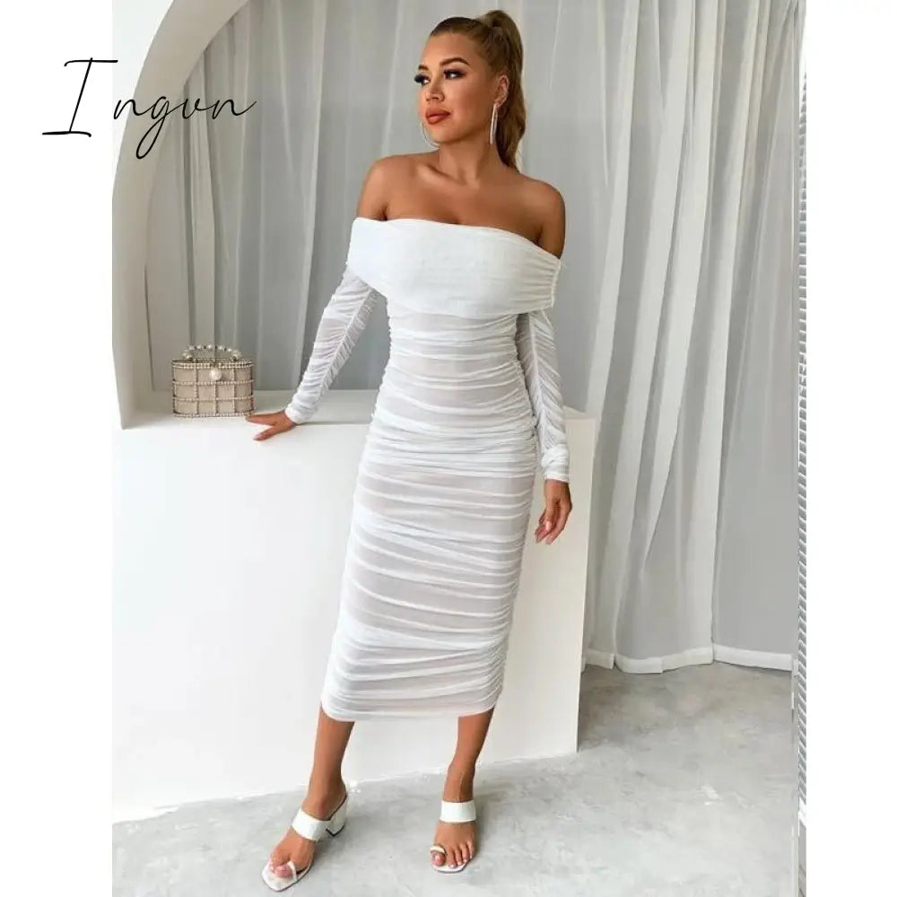 Ingvn - Trends high quality Off Shoulder Ruched Double Layer Mesh Dress Women Long Sleeve Sexy Dresses Ladies Autumn Party Long Christmas Dress
