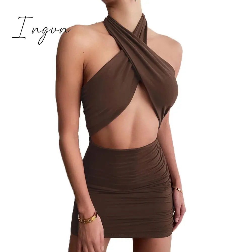 Ingvn - New Summer Sexy Women's Coffee Color Cross Hanging Neck Sleeveless Tight Mini Dress