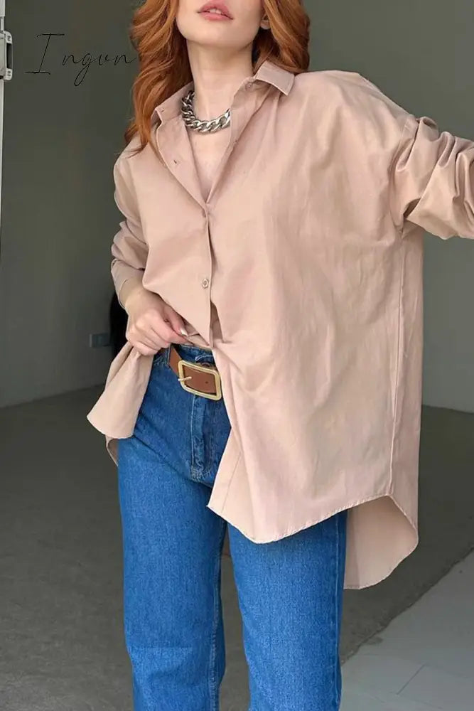 Ingvn - Street Solid Buttons Slit Turndown Collar Tops