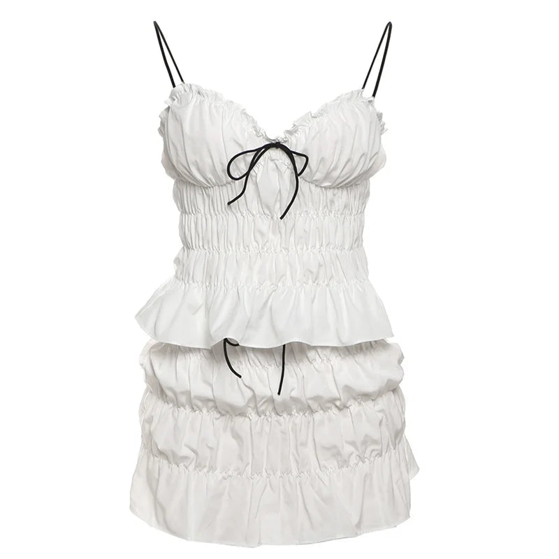 Sexy Lase-up Sweet Shirring 2 Piece Set Women Low-Neck Backless Ruched Camisole+Tierred Skirts Y2K Fashion Streetwear