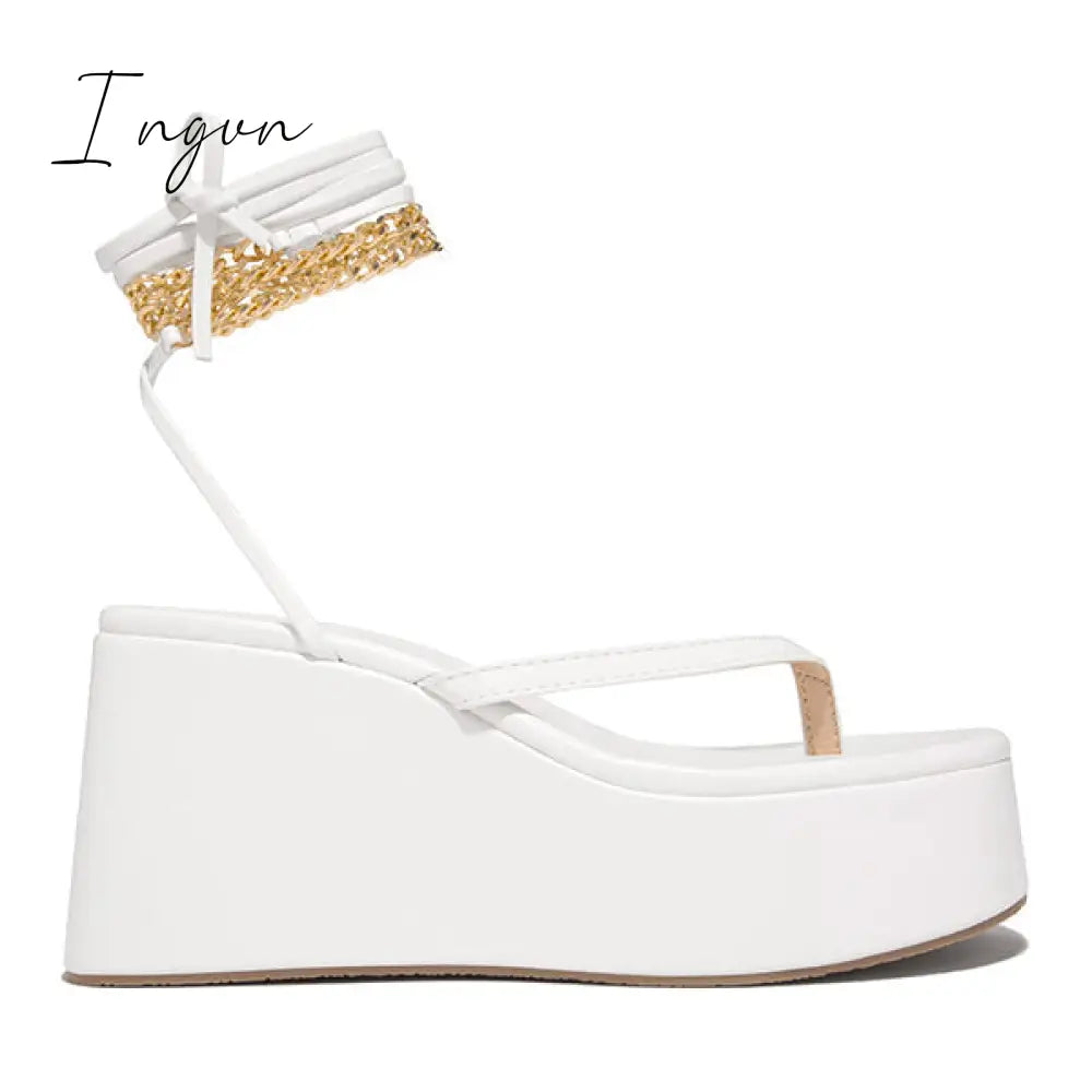 Ingvn - Ankle Chain Lace-Up Thong Entry Wedge Platform Sandals