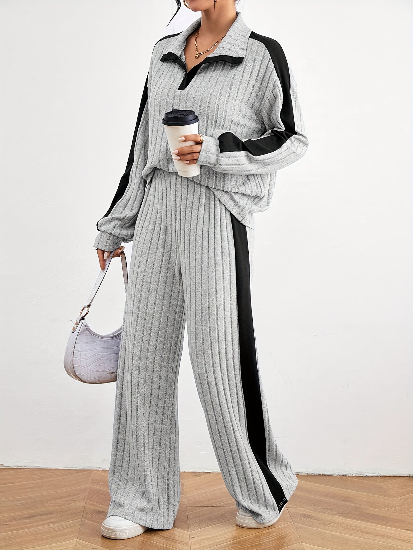 Stylish Color Block Ribbed Pantsuits - Long Sleeve Lapel Drop Shoulder Top, Wide Leg Pants, Comfortable, Relaxed Fit, Chic Outfit for Women - Perfect for Daily Wear, Casual Occasions