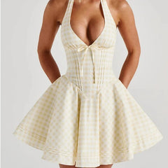Sexy Backless Halter Mini Plaid Dress Women Deep V  Lacing Up Bandage Back A-line  Holiday Summer Dresses Short Robe