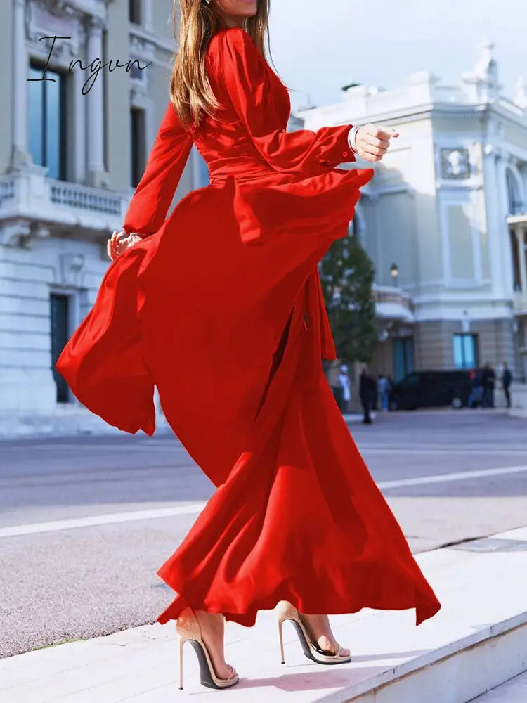 Ingvn - Gifts For Women Autumn women's Long Sleeve Casual Style Polyester Material New V-neck Middle Waist Zipper Stitched Slit Large Swing Dress