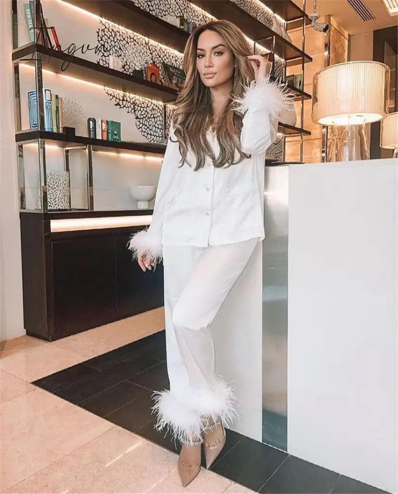 Ingvn - Trendy Women Pajamas Set Autumn Casual Lapel Tops + Feather Pants Suits Sexy Lingerie Nightwear Silk Satin Pyjamas pjs Suit 2Pcs