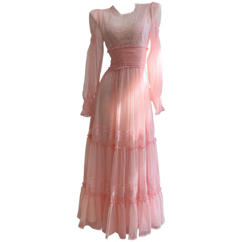Fashion Women Dress Long Sleeve Round Neck Lace Perspective Female Summer Party Dresses New Tide 3QW1324