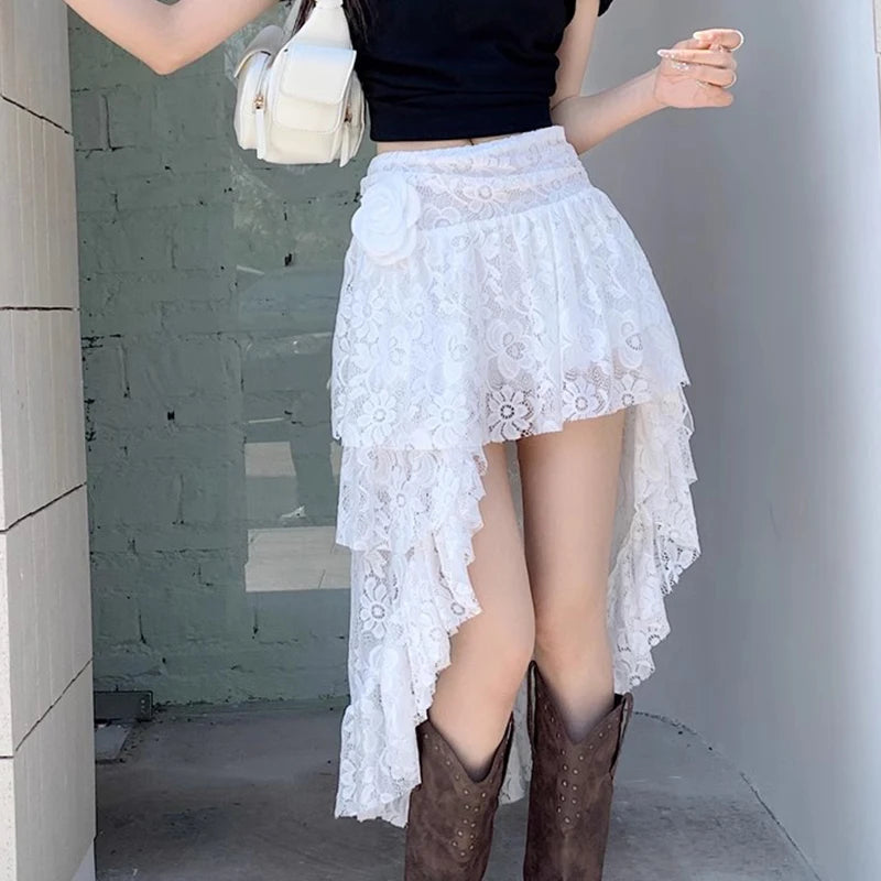 Vintage Appliques Skirt Hottie Streetwear Irregular Hem High Waist A Line Skirt Elegant White Ruffles Transparent Skirt