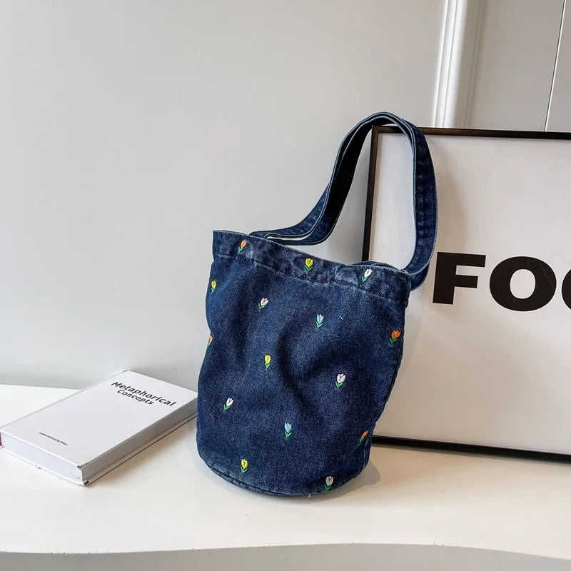 Ingvn  Large Capacity Women's Shoulder Bucket Bag Soft Denim Female Reusable Shopping Bags Embroidery Flower Ladies Tote Purse Handbag