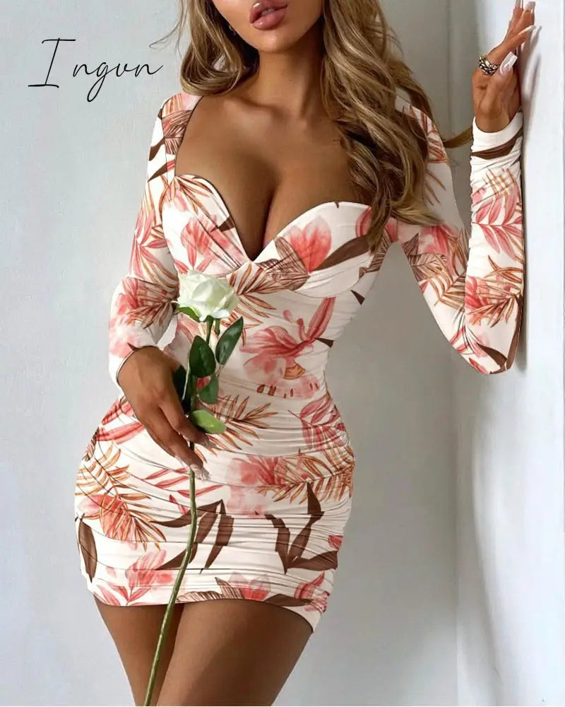 Ingvn - Long Sleeve Mini Dresses Women Basic Party Evening Clubwear Outfits Fall V Neck Sexy Bodycon Dress Short Wrap Streetwear